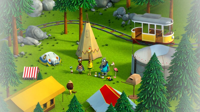 Nachdem alle Zelte aufgebaut sind, erklärt Lionel (Löwe vorne Mitte) seinen Freunden, wie man ein Dreibein bastelt. – Bild: ZDF/​Grid Animation