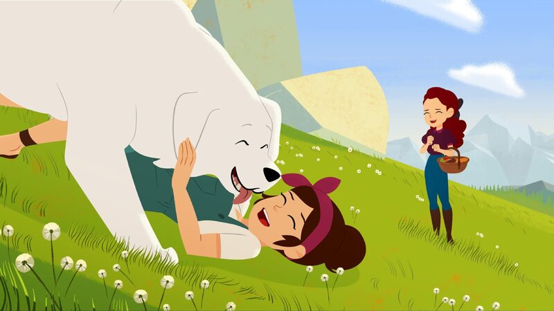 Belle (links) freut sich riesig über Angelinas (Mitte) Besuch in den Bergen. – Bild: ZDF/​Gaumont Animation/​PP Animation III Inc.