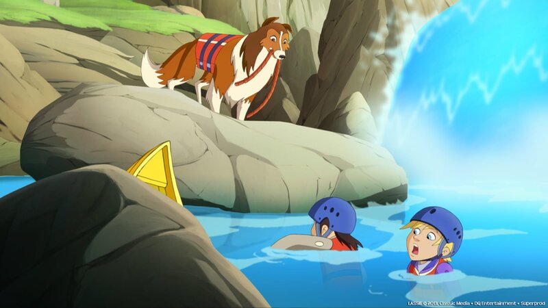 Jemand hat die Paddel von Drew (r.) und Emma (l.) angesägt und dadurch sind beide mit ihrem Kanu in eine lebensgefährliche Situation geraten. Lassie eilt zur Hilfe. – Bild: ZDF/​Lassie