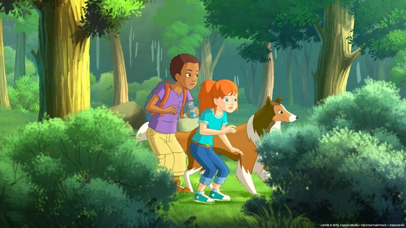 Harvey (li.), Zoe (re.) und Lassie belauschen Harvey und zwei Investoren, die ein Hotel in das wunderschöne Tal bauen wollen. – Bild: ZDF/​Classic Media/​DC Entertainment/​Superprod