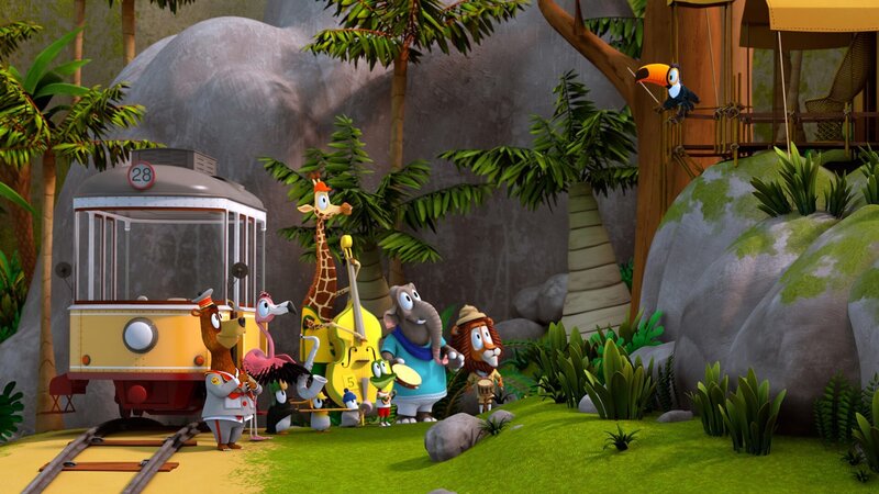 Unter der Leitung von Tukan Toni proben die Tiere das Geburtstagsständchen. – Bild: ZDF/​Grid Animation