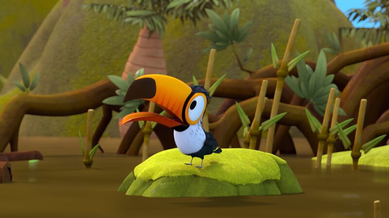 TukanToni sucht trockene Stellen im Sumpf, auf denen die Zoobahn landen kann. – Bild: ZDF/​Grid Animation