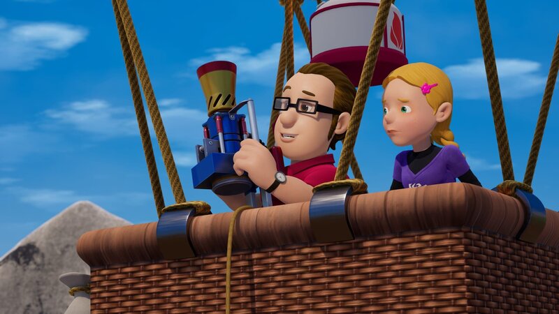 Hannah und ihr Vater machen eine Ballonfahrt. Dabei werfen sie das Joe-Jet-2000-Düsentriebwerk an. – Bild: KiKA/​Prism Art & Design Limited