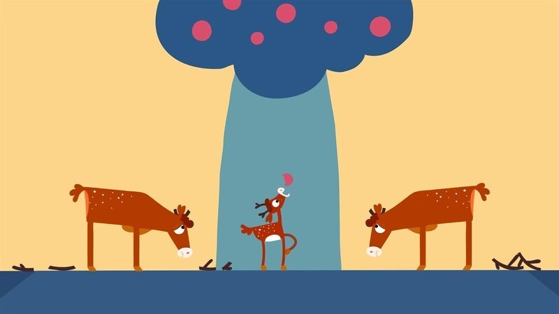 Der kleine Hirsch isst den Apfel, die großen Hirsche müssen zuschauen. – Bild: KiKA/​ SWR/​ Julia Ocker /​ Studio Film Bilder