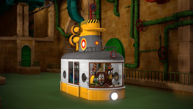 Zacki hat die Zoobahn in ein U-Boot verwandelt, um im trüben Kanalwasser nach Floras Handy zu suchen. – Bild: ZDF/​Gaumont Animation/​PP Animation III Inc.