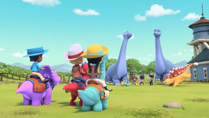 Die Dino Ranchers planen eine große Erntedankparty, zu der sie alle Freunde und sogar die 3 Tinhorns einladen wollen. – Bild: Boat Rocker Rights
