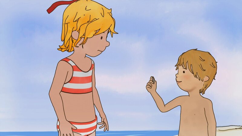 Jakob und Conni suchen Muscheln am Strand für ihre Sandburg. – Bild: ZDF und Henning Windelband, Youngfilms GmbH