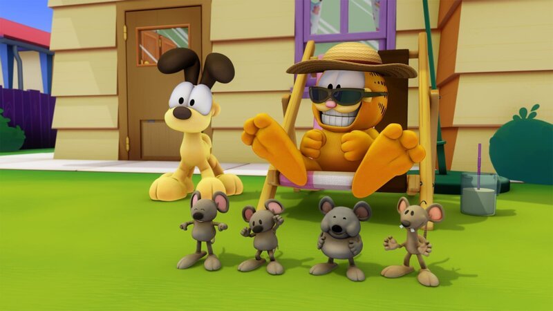 Garfield soll trainieren. Die Muskelprotz Maus Biff versucht, ihn in Form zu bringen. Doch Garfield wehrt sich mit allen Mitteln. – Bild: HR/​DARGAUD MEDIA