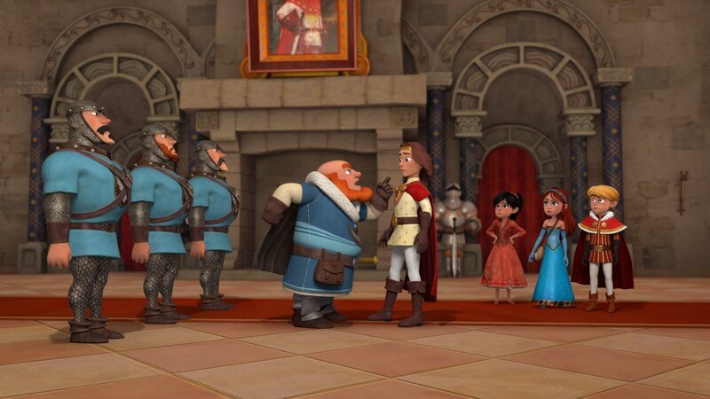 Lord Gutfred (4.v.li) erzählt Richard (4.v.re.), dass Robin seinen Goldtransport angegriffen hat. Eigentlich sollte Robin ihn bewachen. – Bild: ZDF und Method Animation