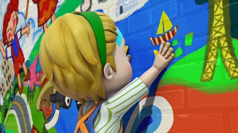 Zum Schluss drückt Willem seine Handabdrücke auf die Wandmalerei. – Bild: KiKA/​FunnyFlux/​QianQi/​EBS/​CJ E&M