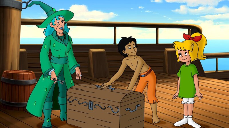 Die Wasserhexe, die die Piraten verflucht hat, hofft, ihr Collier in der Schatztruhe zu finden. – Bild: ZDF und A. Film A/​S und KIDDINX Studios GmbH