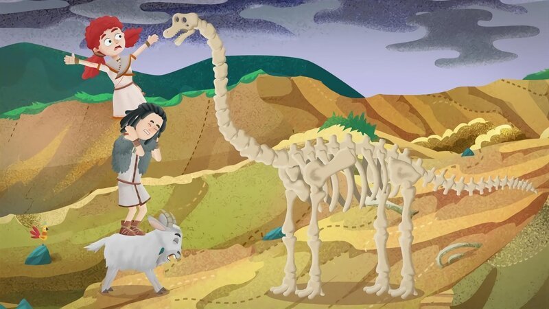 Leva und Mimo setzen mit der Hilfe der Ziege die Knochen zusammen. – Bild: KiKA/​Mideu Films/​MDR/​hr/​BR/​SWR/​WDR