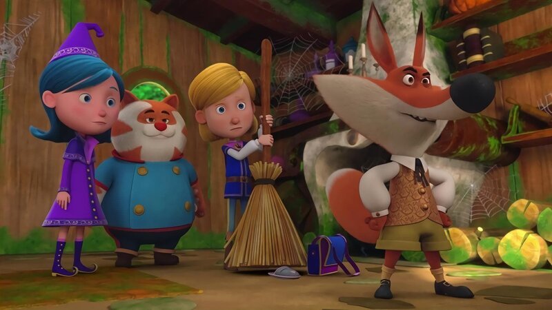 Volpek (r.) befiehlt Betulla (l.), Korat (2.v.l.) und Prinz (2.v.r.) in der neuen Hütte erst mal gründlich sauber zu machen. – Bild: ZDF/​2021 Method Animation/​Palomar/​ZDF Enterprises All rights reserved