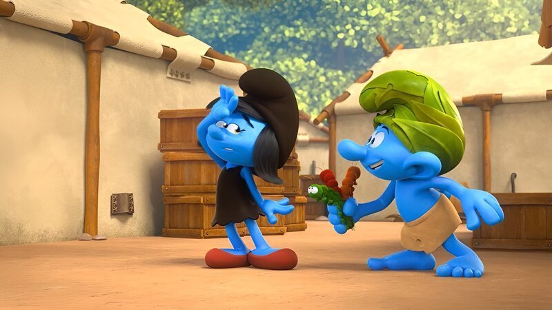 In ein Schlumpfmädchen verwandelt schummelt sich Gargamel auf die Tagundnachtgleiche Feier im Schlumpfdorf und wartet auf eine Gelegenheit, die Schlümpfe zu überwältigen. – Bild: KiKA/​Peyo Productions, Dupuis Édition & Audiovisuell