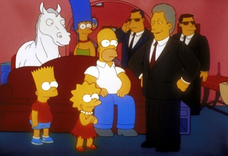 Bill Clinton (vorne re.) lobt Marge (hinten), Bart (li.), Lisa und Homer (Mi.) für ihre Tierliebe. – Bild: PR7; ProSieben Media AG