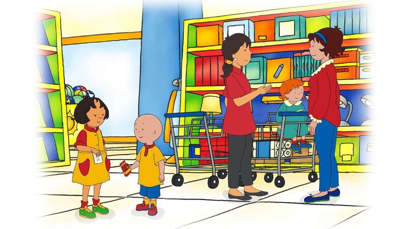 Caillous roter Buntstift ist verschwunden. Und den braucht Caillou ganz dringend, weil er Rosie ein Bild malen möchte. Mami hat eine Idee. Sie fährt mit den Kindern in ein Kaufhaus, damit Caillou den wichtigen Stift kaufen kann. – Bild: SUPER RTL