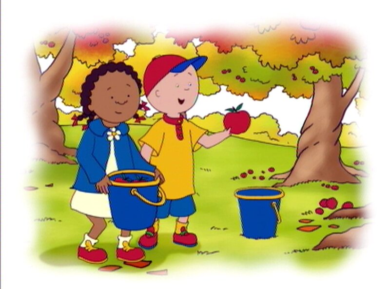 Rosie (re.) und Caillou (li.) helfen den Erwachsenen bei der Apfelernte. – Bild: SUPER RTL