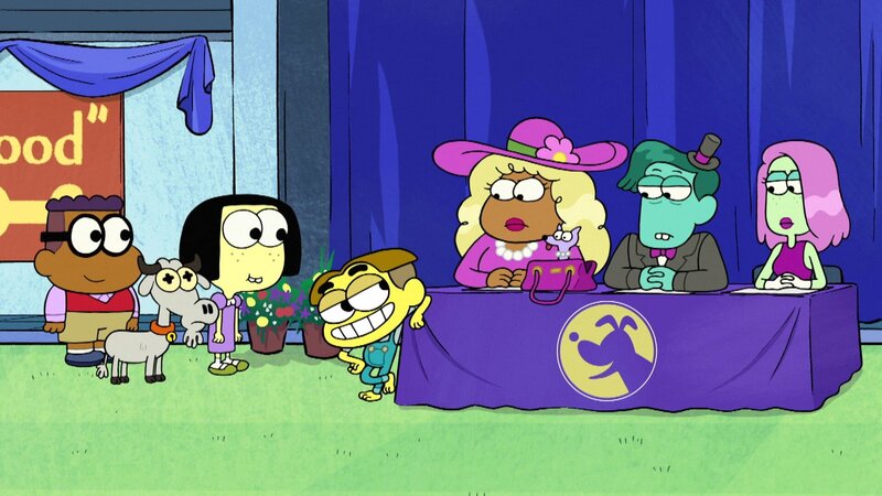 L-R: Remy, Melissa, Tilly Green, Cricket Green, Judge Uppinsbottom and two more judges – Bild: Disney+