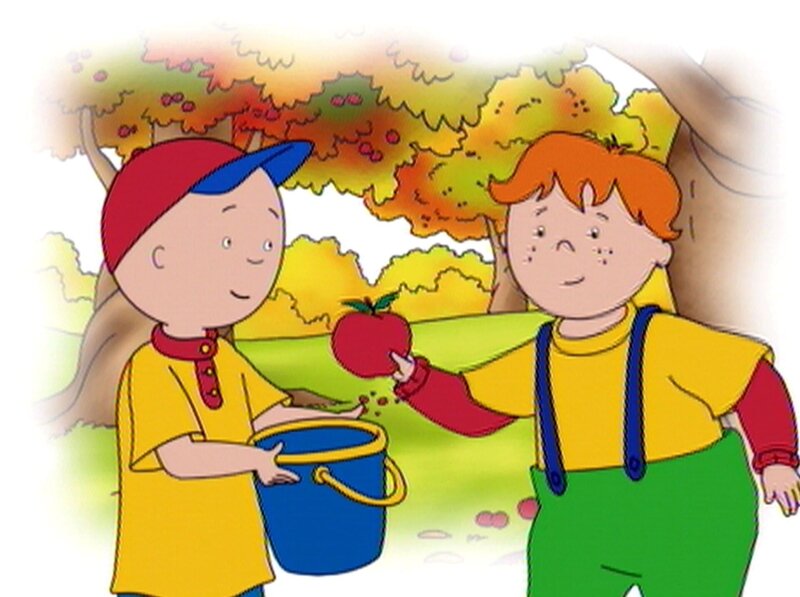 Leo und Caillou (li.) erfahren auf der Apfelplantage eine Menge über Äpfel. – Bild: SUPER RTL