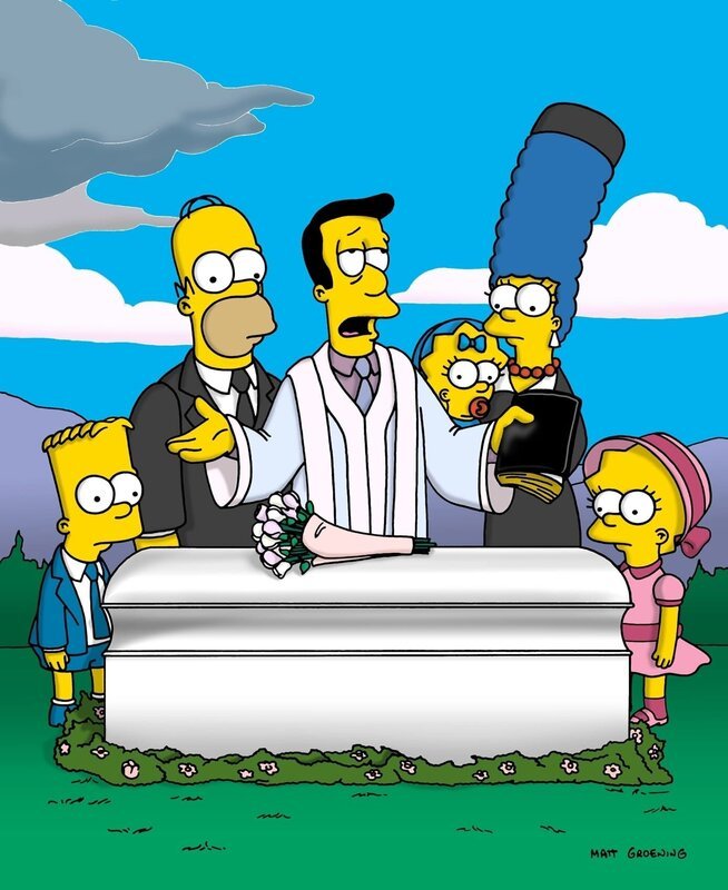 Reverend Lovejoy (M.) hält die Grabrede bei Maudes Beerdigung. Familie Simpson steht ihm bei. – Bild: Twenthieth Century Fox Film Corporation