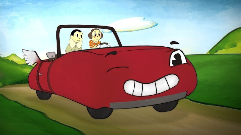 Pit & Peggs in ihrem roten Ausflugsauto. – Bild: WDR/​Maus