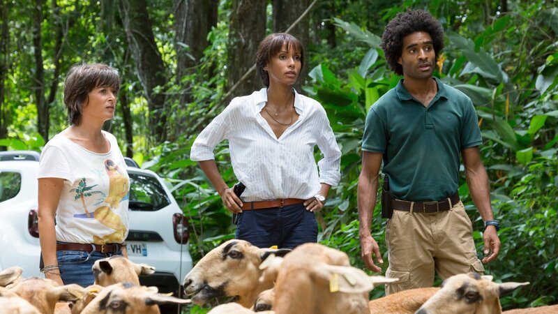 Die Kommissare Gaëlle Crivelli (Béatrice de la Boulaye, l.), Mélissa Sainte-Rose (Sonia Rolland, M.) und Aurélien Charlery (Julien Béramis, r.) beobachten eine Demonstration für Tierrechte. Ist ihre Sprecherin in den aktuellen Mordfall verwickelt? – Bild: ZDF