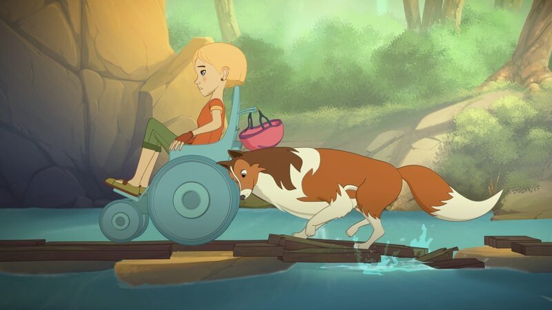 Lassie hilft Judith, über die behelfsmäßige Brücke auf die andere Flussseite zu kommen, wo die Wanderung fortgesetzt werden soll. – Bild: Superprod, ZDF, ZDFE