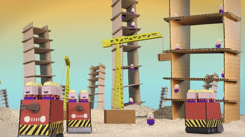 Raketenflieger Timmi und Teddynaut landen auf dem Bauplaneten, auf dem es nur gilt, den höchsten Turm zu bauen. – Bild: rbb/​MDR/​MotionWorks GmbH