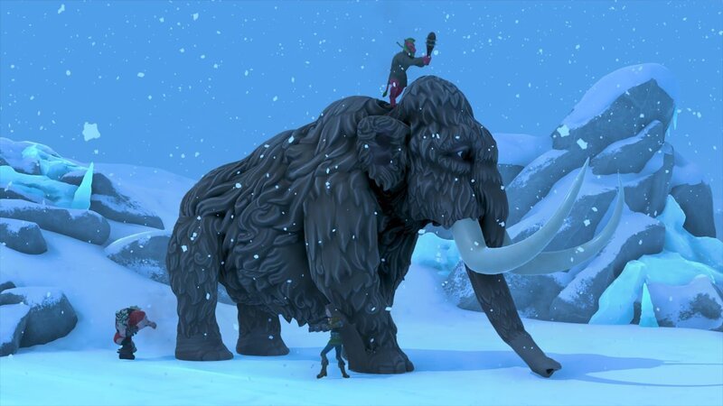 Die Avatare von Meg (Alexa Davies, l.), Usman (Sargon Yelda, r.) und Nicky (Will Merrick, 2.v.r.) greifen ein Mammut an. – Bild: Mister Whisper/​Channel 4 2017 /​ Mr Whisper Lizenzbild frei