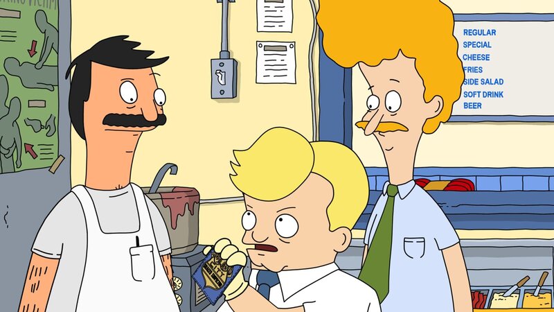 Louise möchte beim Show & Tell unbedingt einen drauflegen und erzählt ihrer Klasse, dass ihr Vater Bob (l.) für seine Burger menschliche Überreste benutzen würde. Es dauert nicht lang, bis Prüfer vom Gesundheitsamt im Restaurant auftauchen … – Bild: 2011 Fox and its related entities. All rights reserved. Lizenzbild frei