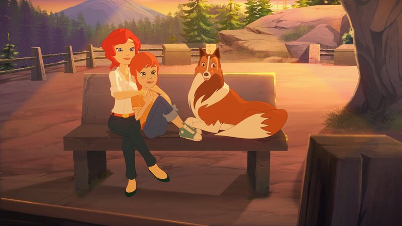 Zoé und ihre Mutter Sarah (l) genießen nach ihrer gemeinsamen Klettertour mit Lassie den Sonnenuntergang. – Bild: Superprod, ZDF, ZDFE