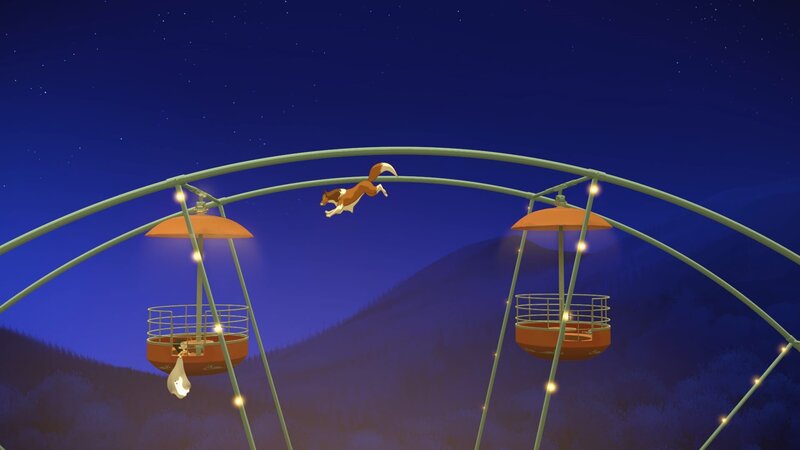 Äußerst wagemutig arbeitet sich Lassie auf dem Riesenrad mit gewaltigen Sprüngen zu der Gondel vor, in der Penny sitzt. – Bild: ZDF und Superprod