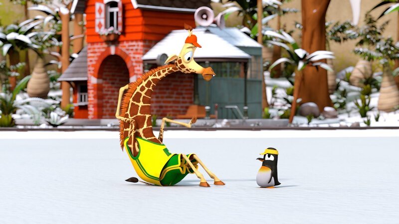 Bruno (li.) ist beim Eislaufen hingefallen und kommt nicht mehr auf die Beine. Pinguinmädchen Anni (re.) redet ihm gut zu. – Bild: ZDF/​Grid Animation