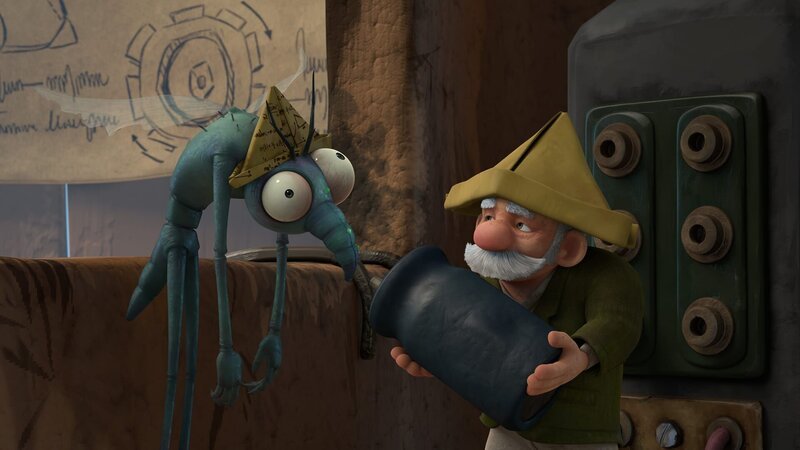 Seinen Partyhut hat sich Gnat aus Gramps’ Aufzeichnungen mit den Formeln gebastelt. – Bild: KiKA/​One Animation PTE LTD.