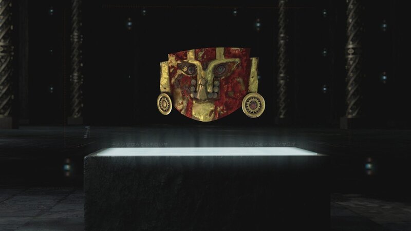 Die auffällige Maske mit goldener Nasenklemme und kunstvoll verzierten Ohrringen misst 18 mal 11 Zentimeter. In der Mitte der ungewöhnlich geformten Augen befinden sich Perlen aus poliertem Bernstein und Smaragden. – Bild: Drive Media Rights Limited