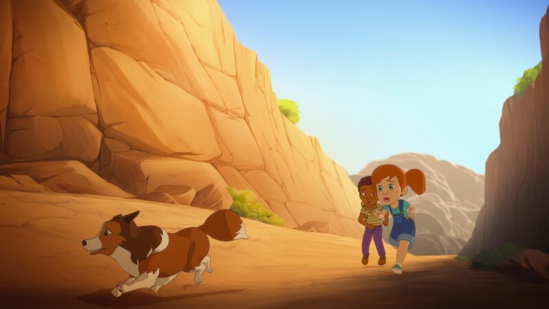 Zoé, ihr neuer Freund Harvey und die kleine Lassie fliehen vor den sich nähernden Rauchwolken der Waldbrände. – Bild: ZDF/​Superprod