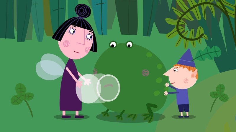 Nanny Plum (li.) braucht für die königliche Medizin einen Froschrülps. Ben tut sein Bestes, um ihr zu helfen. – Bild: ZDF/​Astley Baker Davies Ltd/​Rubber Duck Entertainment
