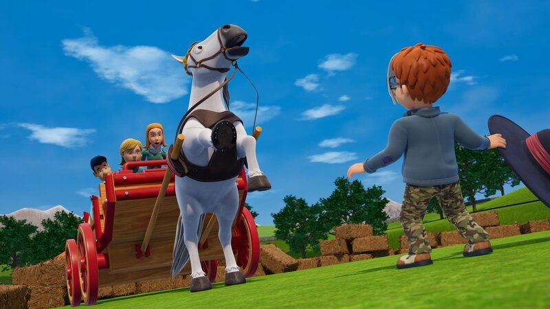 Norman erschreckt das Kutsch-Pferd mit seiner unheimlichen Verkleidung. – Bild: KiKA/​Prism Art & Design Limited