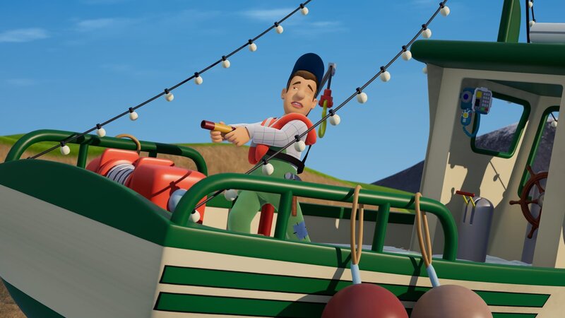 Mike feuert vom Boot eine Signalrakete ab, um Hilfe zu holen. – Bild: KiKA/​Prism Art & Design Limited