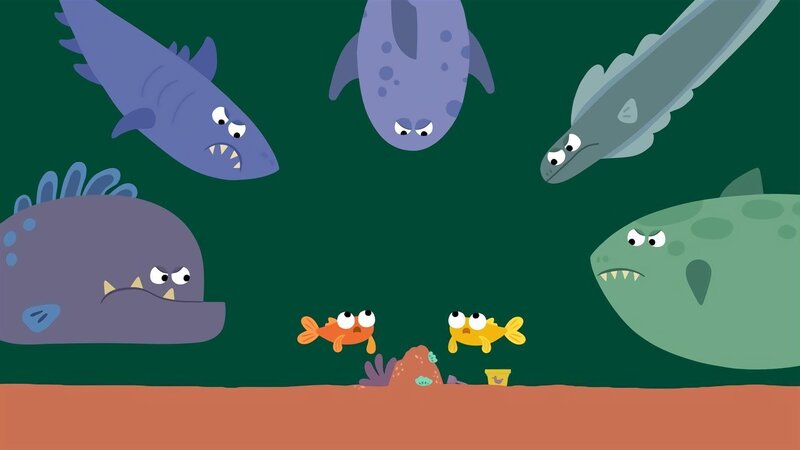 Böse Fische erschrecken die beiden Kugelfische. – Bild: KiKA/​ SWR/​ Julia Ocker /​ Studio Film Bilder