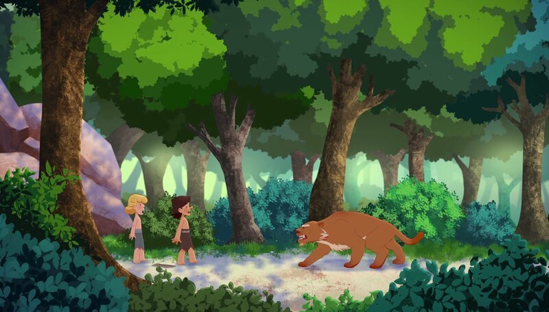 Mitten im Wettkampf steht plötzlich Säbelzahn vor Lad und Nic. – Bild: KiKA/​hr/​TF1/​GO-N Productions