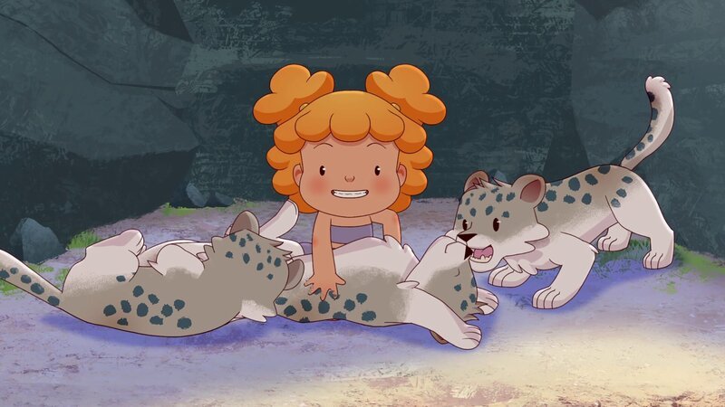 Kori, die Tib heimlich gefolgt ist, findet in der Schlucht süße Leopardenjunge. Aber die Mutter ist ganz in der Nähe und greift Kori und Tib an. – Bild: KiKA/​hr/​TF1/​GO-N Productions