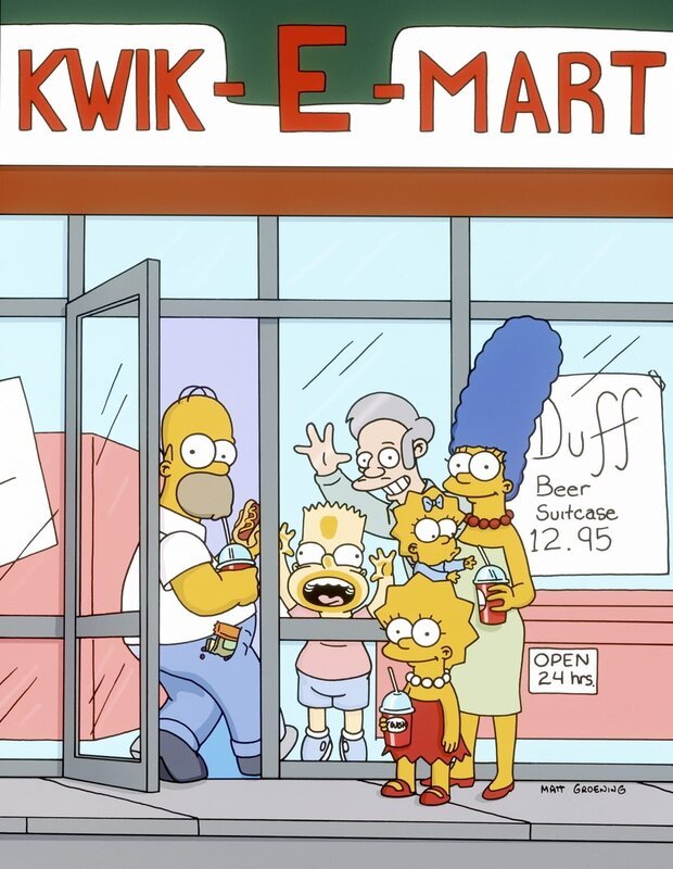 (12. Staffel) – (v.l.n.r.) Homer, Bart, Lisa, Maggie und Marge Simpson sind die beliebtesten Kunden vom Kwik-E-Mart-Besitzer Apu (hinten). – Bild: Twentieth Century Fox Film Corporation