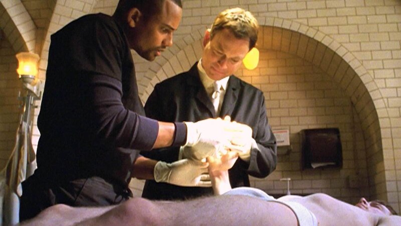 Am Strand von Coney Island wird eine kleine Truhe mit der Leiche eines jungen Mannes gefunden. Dr. Sheldon Hawkes (Hill Harper, l.) und Detective Mac Taylor (Gary Sinise) ermitteln. – Bild: MG RTL D /​ CBS