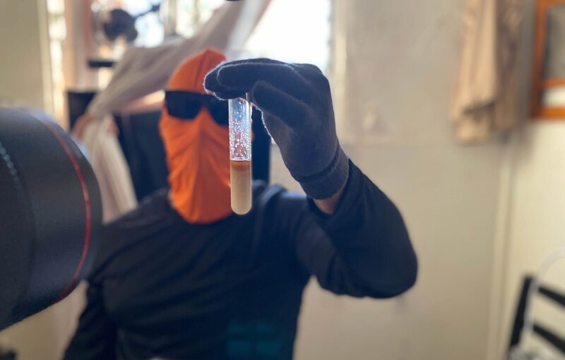Masked subject holding a lab test tube. – Bild: National Geographic