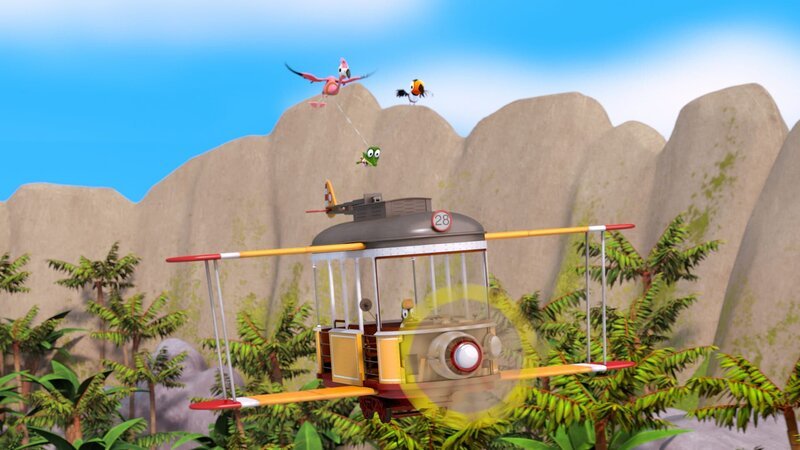 Flora (Flamingo) und Toni (Tukan) gelingt es, Zacki (Krokodil) auf dem Dach der Zoobahn abzusetzen. – Bild: ZDF/​Gaumont Animation/​PP Animation III Inc.