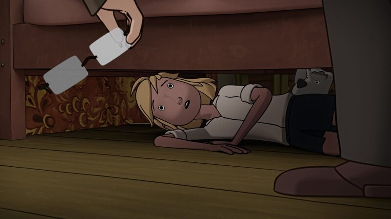 Fritzi versteckt sich vor den Männern, die in Sophies Wohnung eingebrochen sind. – Bild: MDR/​WDR/​SWR/​Balance Film/​Lutterb