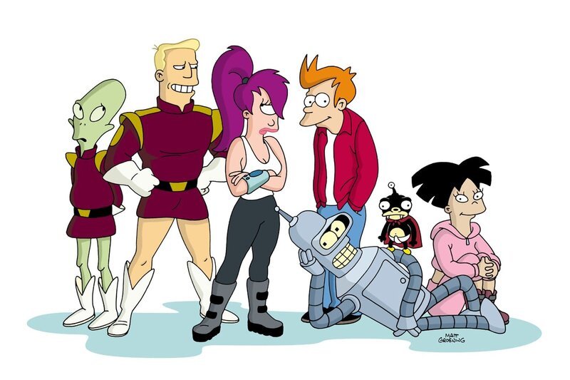 (6. Staffel) – Futurama – New York und die Welt im Jahr 3000: (v.l.n.r.) Kiff K., Zapp Brannigan, Leela, Fry, Bender, Nibbler und Amy … – Bild: und TM Twenthieth Century Fox Film Corporation – Alle Rechte vorbehalten Lizenzbild frei