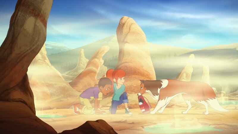 Lassie und Zoé kommen Harvey im Tal der Geysire mit einem Sauerstoffgerät zu Hilfe. – Bild: KiKA