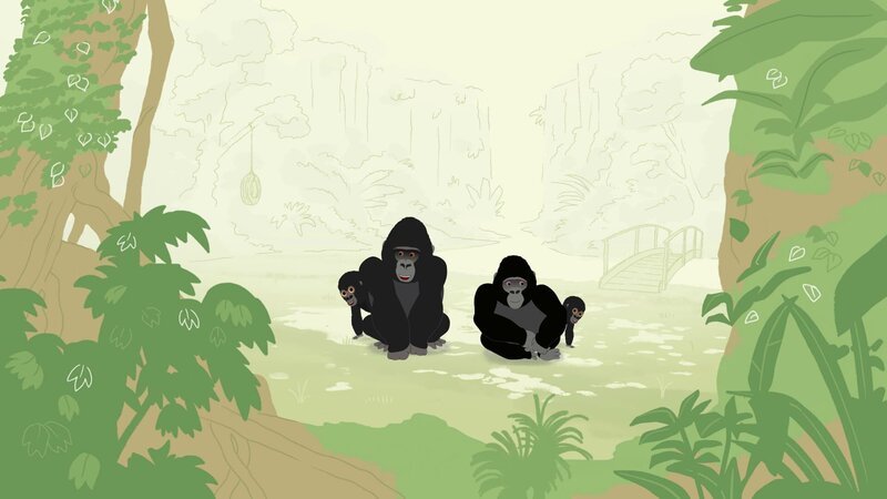 Die Gorillafamilie soll in ein artgerechteres Gehege umziehen. Doch die Gorillas lieben ihr altes zuhause und haben keine Lust auf einen Umzug. – Bild: KiKA/​Igloo Productions Ltd